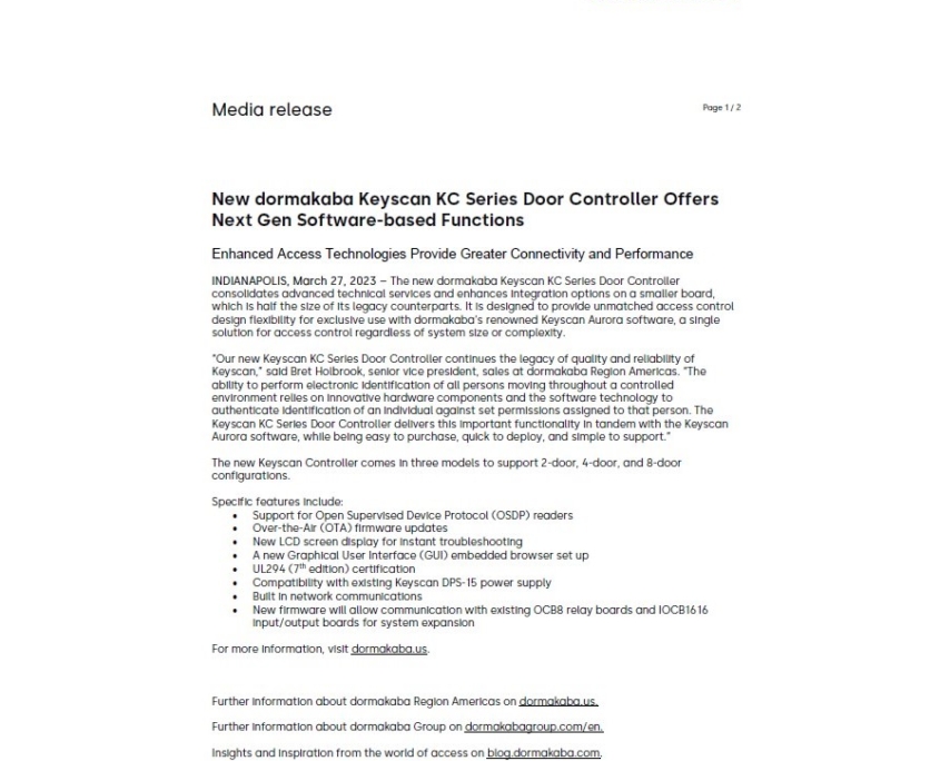 Dormakaba Keyscan Kc Series Dormakaba Newsroom